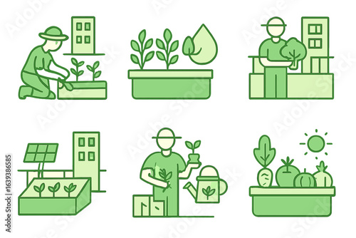 Urban gardening with diverse activities in a community green space during daylight hours