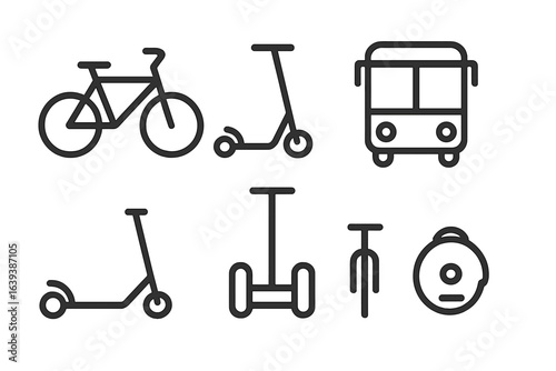 Various modes of transportation including bicycles, scooters, buses, and electric unicycles displayed in a modern design