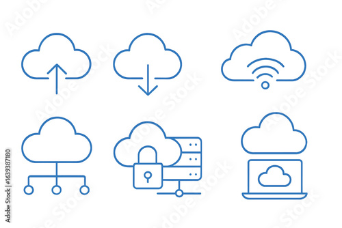 Cloud computing icons representing upload, download, and secure storage options for digital data