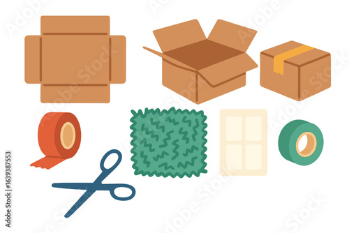 Various packing materials arranged on a surface, depicting preparation for shipping and organization tasks