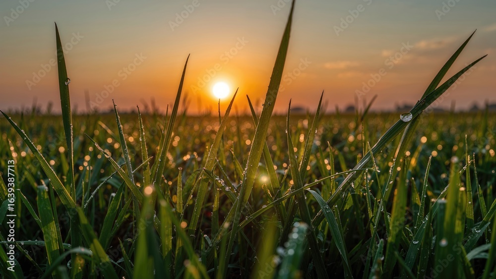 Fototapeta premium Dew-kissed grass illuminated by the glow of dawn, showcasing a serene morning scene.