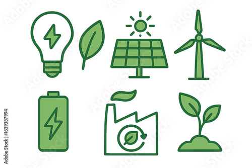 Illustrating renewable energy symbols with green elements, showcasing solar, wind, and battery concepts