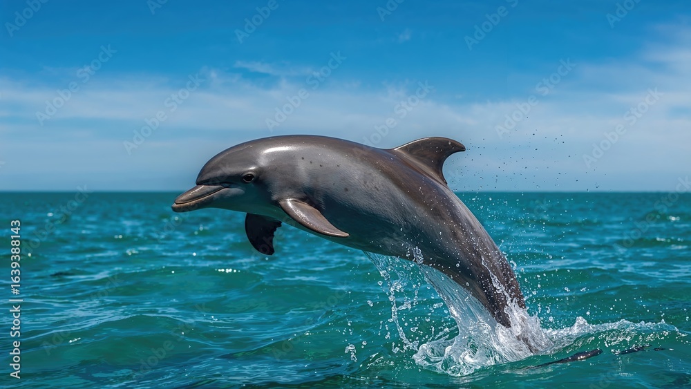 Naklejka premium Dolphin of the Risso's species showing a partial jump out of the water