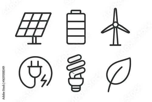 Renewable energy icons representing solar power, wind energy, and sustainable practices for energy efficiency