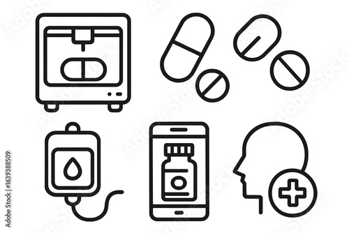 Medical equipment and medicine icons representing healthcare and medication management in modern society
