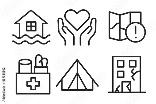 Emergency response symbols representing disaster preparedness and community aid during natural calamities