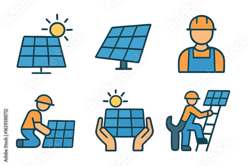 Solar energy installation process with workers and solar panels in an outdoor setting at daytime