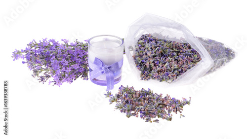 Lavender flowers ,scented candle,dry flower,on isolated white  background