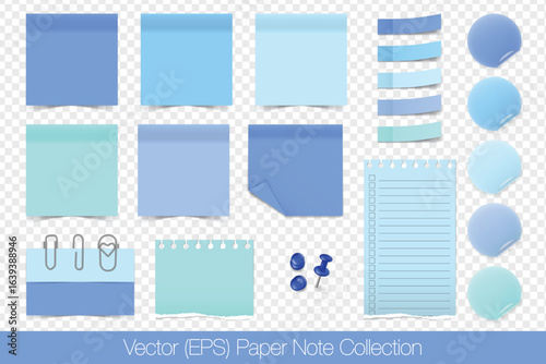 Realistic sticky paper note set, blank templates isolated on transparent background. Aesthetic blue paper mockup, post note stickers, sticky paper tapes, round stickers, paper clips and push pins