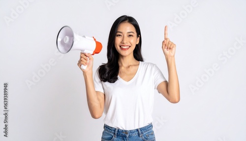 Cheerful Asian woman with a megaphone makes a big announcement, pointing upwards with excitement and a bright smile.