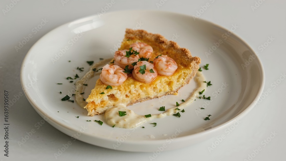 Plate with a shrimp quiche slice Plate with a shrimp quiche slice
