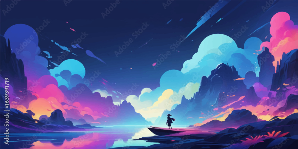 Fototapeta premium Abstract fantasy landscape with a dark blue sky, glowing moon, and a calm, starry ocean
