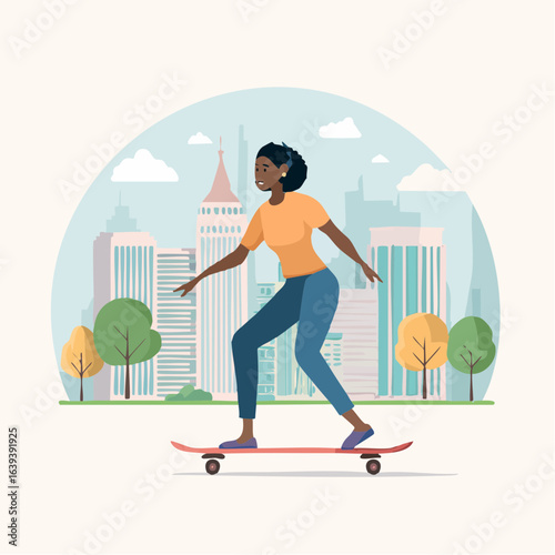 African American woman skateboarding in a city park setting.