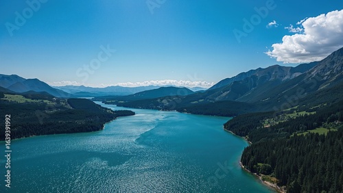 Scenic summer landscape featuring a lake from above