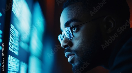 Side profile of a black IT ethical hacker software developer working on a computer in a dark office. African American AI cybersecurity analyst detecting artificial intelligence threats, Generative AI