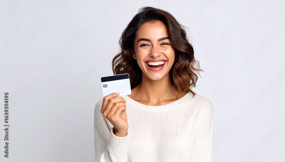 A cheerful and happy brunette woman laughing with excitement while holding a credit card, enjoying easy payments and shopping. A cheerful and happy brunette woman laughing with excitement while holding a credit card, enjoying easy payments and shopping.