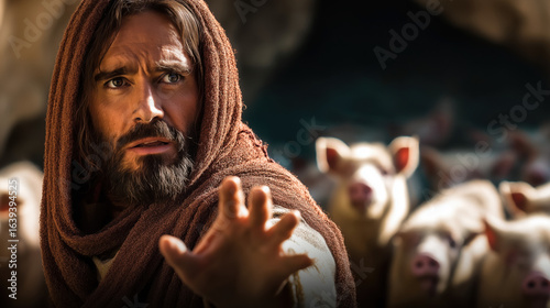 On a rocky slope by the Sea of Galilee, Jesus raises His hand toward a shrieking man. Shadows flee into a herd of pigs, which foam at the mouth and charge down the cliffside toward the sea below...