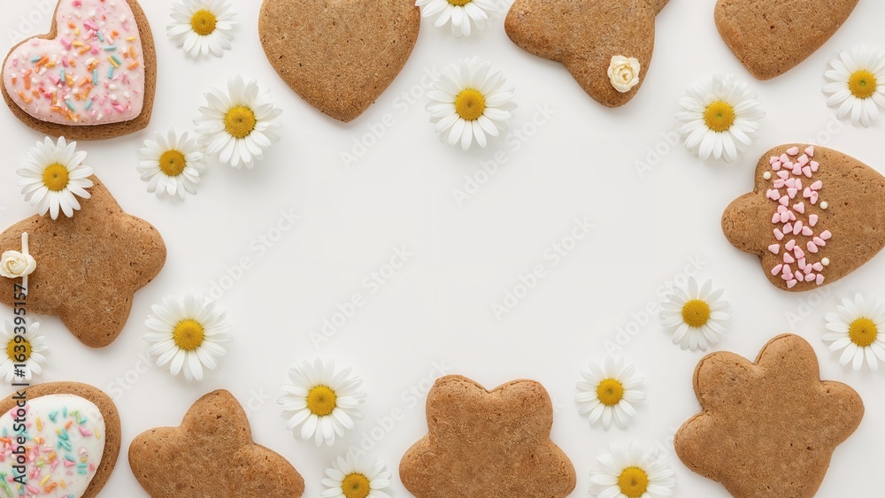 Fototapeta premium Easter-themed gingerbread cookies adorned with romantic decorations and daisy flowers on a white backdrop, with room for text