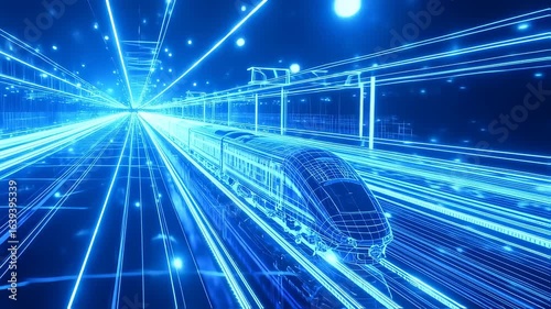 Futuristic train moving through a glowing, digital railway tunnel