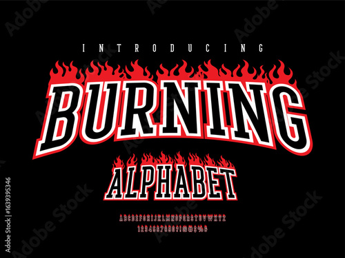 fire style alphabet design with uppercase, numbers and symbols