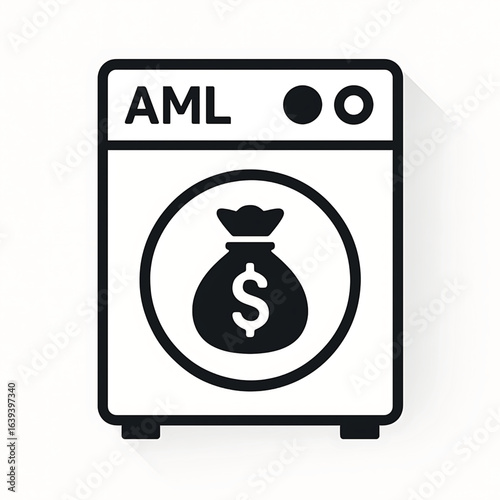 Vector of washing machine with money bag. Icon of AML Anti Money Laundering