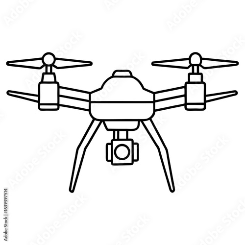Line art illustration of a drone with a camera, isolated on white background