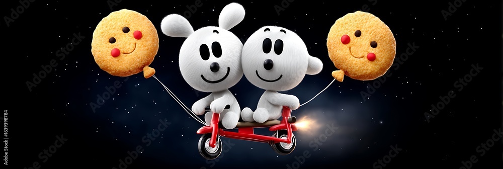 Naklejka premium Two cartoon characters ride a scooter holding cookie balloons in the night sky