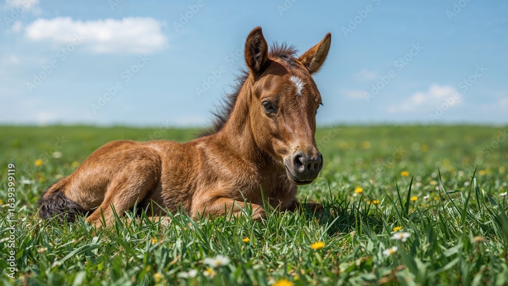 Fototapeta premium A Colt Rolling Around on Verdant Turf