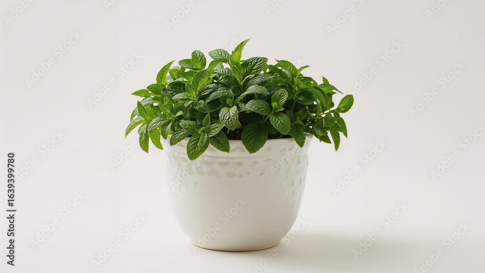 Fototapeta premium Herb pot showcasing fresh mint with an unobtrusive background