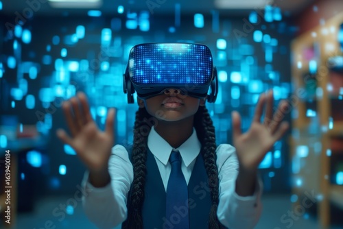 Black female school student with VR headset using AI technology and machine learning. Interactive classroom technology fostering innovation and smart tech with AI blue hologram, Generative AI