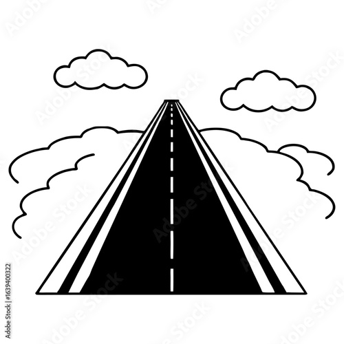 Perspective view of a highway road with clouds, isolated on white background