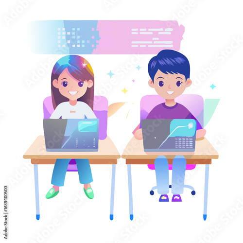 Two students are studying on their laptops isolated on white background