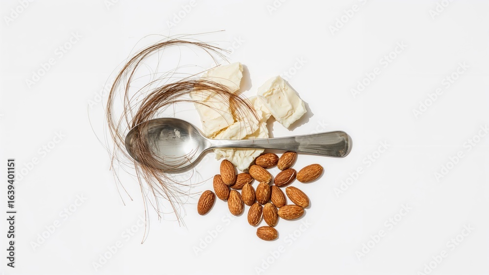 Fototapeta premium Spoon containing shea butter and almonds on a plain white surface