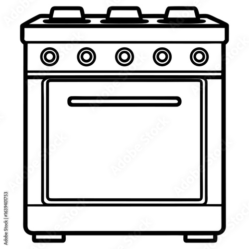 Simple line drawing of a kitchen stove with four burners and an oven, isolated on white background