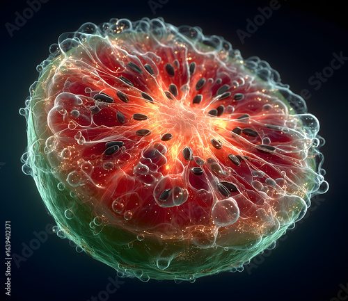 x-ray scan of a watermelon slice, hyper-detailed internal structure with glowing red flesh and black seeds, surrounded by delicate translucent fibers, sparkling bubbles, vibrant green rind, scientific