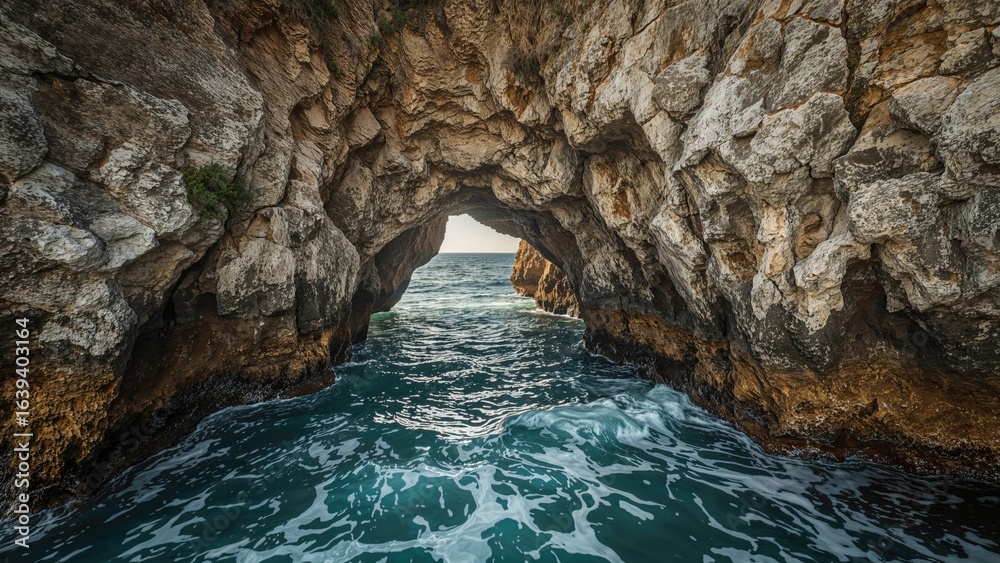 Obraz premium Seaside panorama framed by rocky formations, showcasing water and natural cliffs