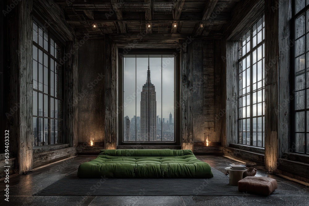 Fototapeta premium Loft interior with city view