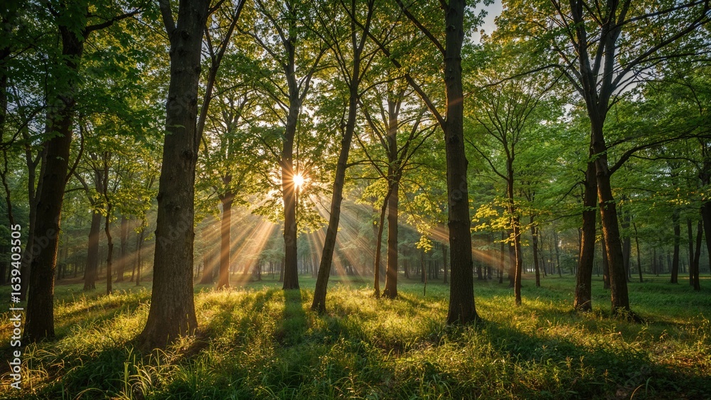 Fototapeta premium Bright early sunlight filtering in a vibrant summer forest