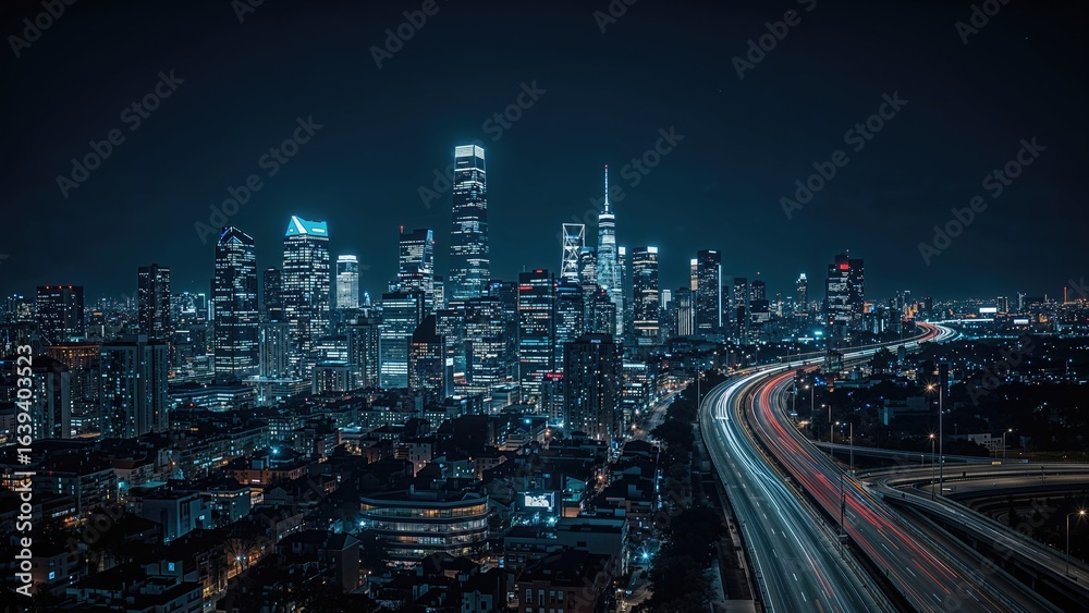 Fototapeta premium Smart city and Internet of Things connectivity illustration. Electronic evolution in urban environments. Marketing banner with broad layout.