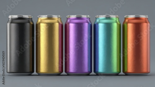 Five colorful aluminum cans stand in a row against a gray background. Use this mockup for branding and advertising cold drinks design.