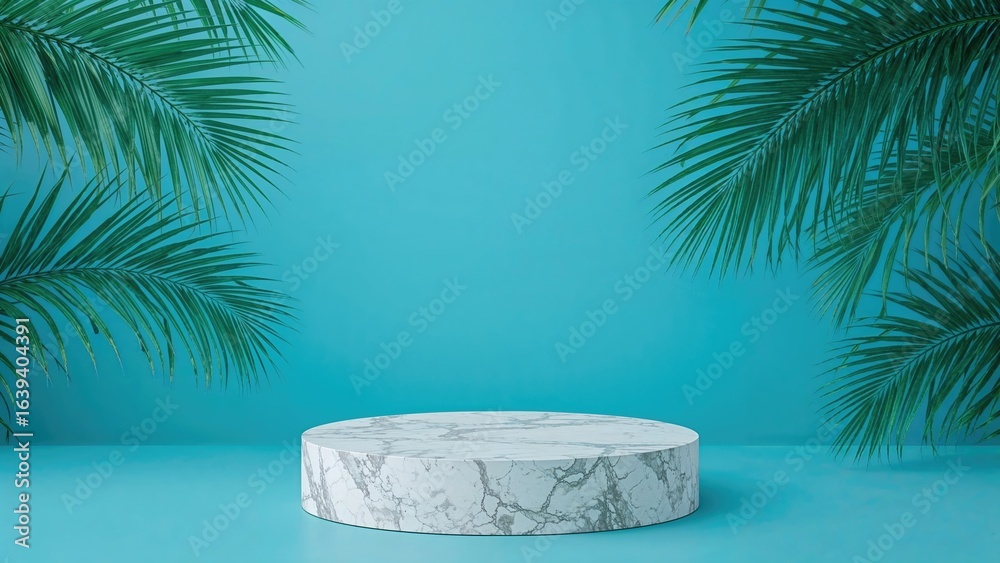 Obraz premium Abstract Blue Backdrop with Palm Foliage and an Empty Stone Platform