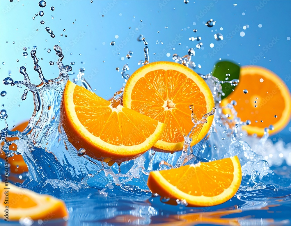 Slice orange fruit falling in air with splash of water in the bright blue background Slice orange fruit falling in air with splash of water in the bright blue background