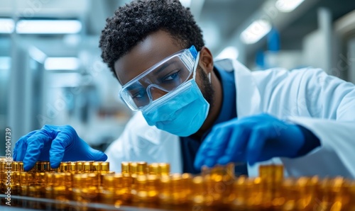 Pharmacist lab scientist in PPE safety outfit examining medical vials on a production line conveyor belt in a pharmaceutical healthcare factory manufacturing prescription drug, Generative AI
