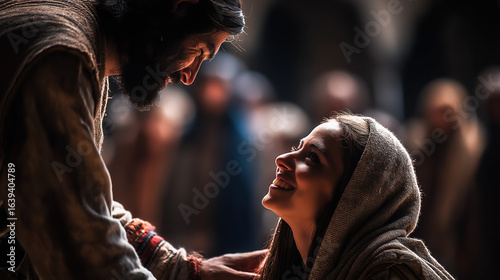 Inside the temple, Jesus heals a crippled woman whose bent back slowly straightens as she looks up joyfully under sunlight pouring through arches...