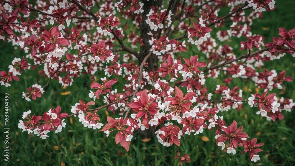 Spring garden panorama displaying a decorative apple tree with striking red leaves and flowers, surrounded by verdant grass, seen from the top. Spring garden panorama displaying a decorative apple tree with striking red leaves and flowers, surrounded by verdant grass, seen from the top.