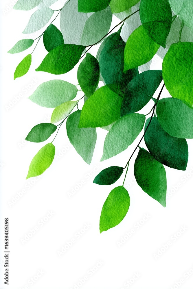 Fototapeta premium Watercolor illustration of overlapping green leaves with detailed texture on a white background
