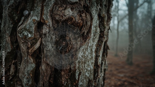 Aged bark covered by a spider web