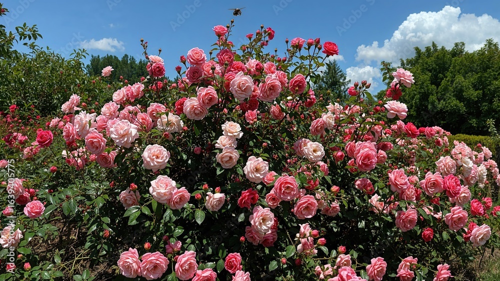 Fototapeta premium Colorful shrub rose blossoms thriving in a bright garden setting.