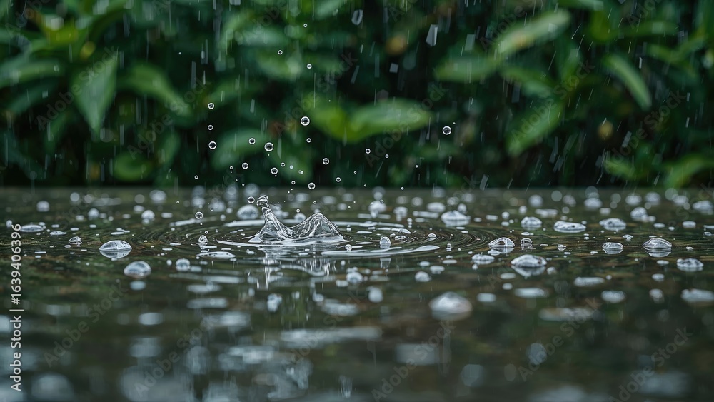 Fototapeta premium Rainwater hitting the soil on a gloomy day