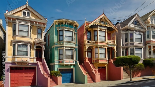 A row of colorful victorian houses with garages and stairways under a clear blue sky in san francisco
